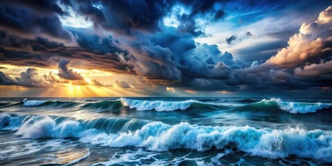 dramatic stormy seascape with watercolor waves gradient clouds high contrast moody blues dramatic powerful