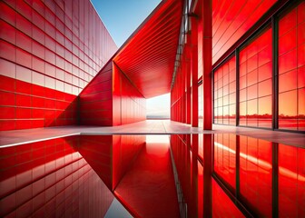Obraz premium Bold Futuristic Red Monochromatic Architecture against White Background Minimalist Modern Geometric Composition with Dramatic Lighting Shadow Play and Reflections