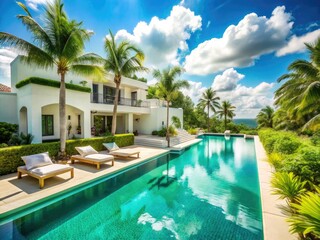 luxurious white stucco resort surrounded by lush tropical greenery and turquoise infinity pool under bright sunny sky with glam vacation vibe