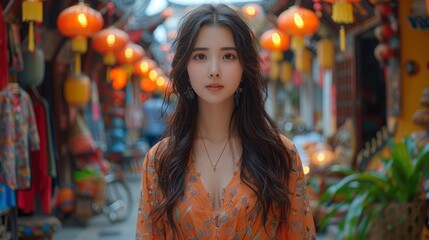 Young Woman Posing in a Traditional Chinese Street