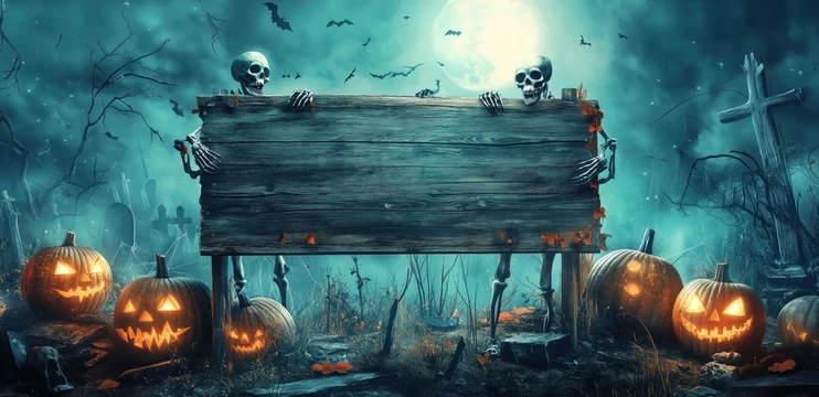 Placa de madeira em cemitério assustador com abóboras iluminadas e esqueletos ao redor, noite de Halloween, criação por IA generativa.