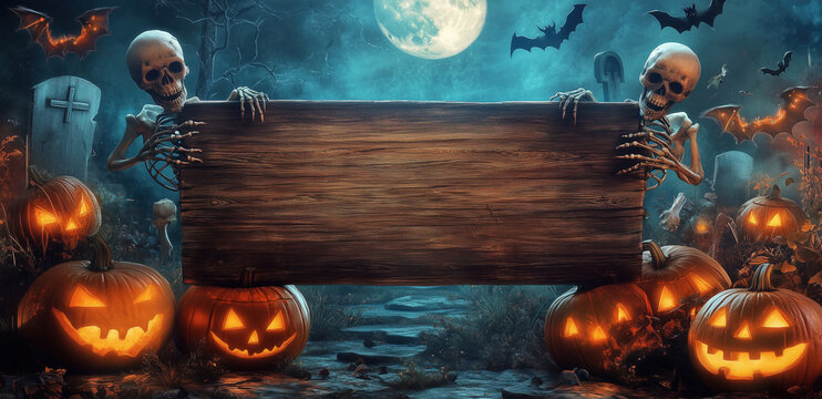 Placa de madeira em cemit&eacute;rio assustador com ab&oacute;boras iluminadas e esqueletos ao redor, noite de Halloween, cria&ccedil;&atilde;o por IA generativa.
