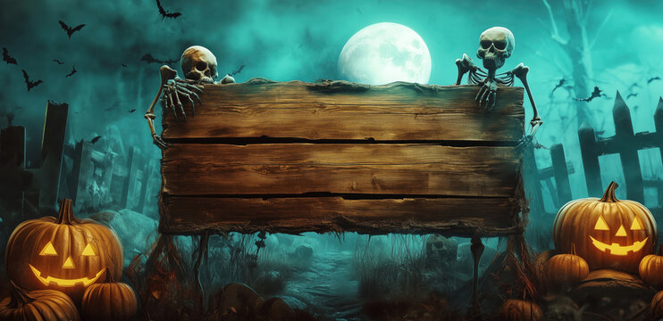 Placa de madeira em cemit&eacute;rio assustador com ab&oacute;boras iluminadas e esqueletos ao redor, noite de Halloween, cria&ccedil;&atilde;o por IA generativa.
