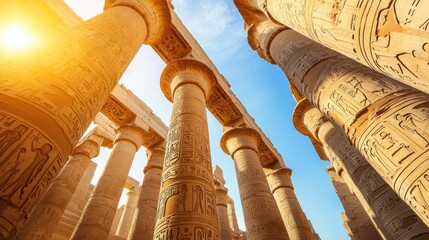 Ancient Egyptian Temple Columns with Hieroglyphics