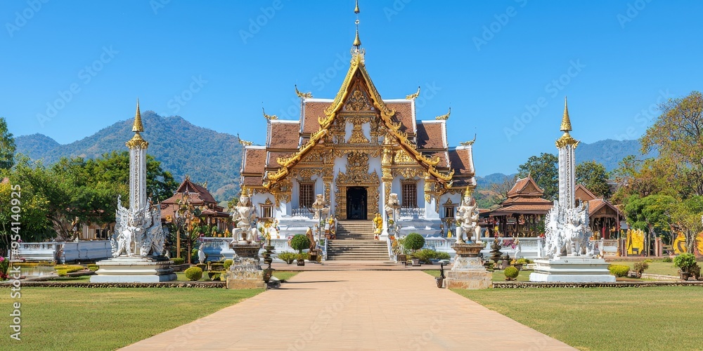 Wall mural golden temple in thailand with green lawn and mountain view