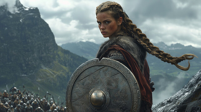fierce dwarf shield maiden with braided hair and battle scars holding an engraved shield, leading her army on a mountainous battlefield under a cloudy sky