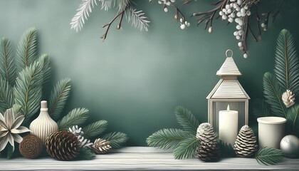 green christmas background with fir branches, christmas baubles, pine cones and candles
