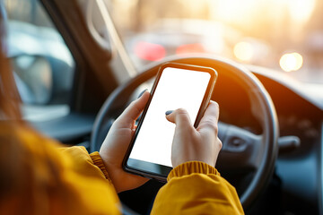 Closeup driver hand is holding smartphone with white screen