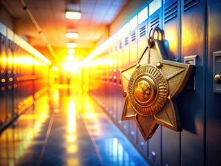 vibrant badge spotlight on dedicated highschool resource officer against blurred lockers morning light