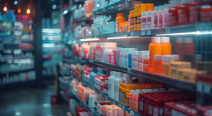 Blurred Shelves of Various Medical Products in a Pharmacy | Healthcare and Pharmaceutical Retail Environment