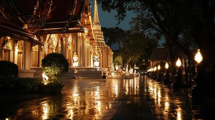 Illuminated Golden Temple at Night in Thailand
