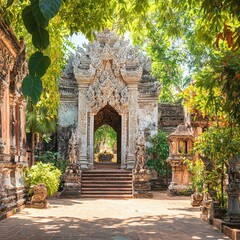 Fototapeta premium Ornate Stone Gateway Entrance to Ancient Temple with Lush Greenery