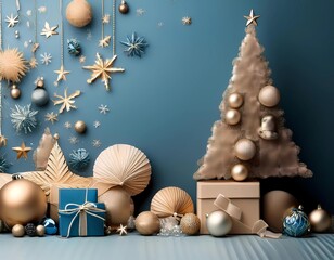 modern blue brown christmas background with stars, pine cones, snowflakes, feathers, and copper and blue christmas balls, boho style