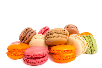 Sweet colorful macaroons isolated on a white background. Delicious colorful macarons. Sweets isolated on a white background. Photos of cookies for banners and websites.
