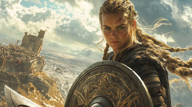 valiant dwarf shield maiden with braided hair and a scarred face holding an ornate shield, standing against a fortress under a turbulent sky