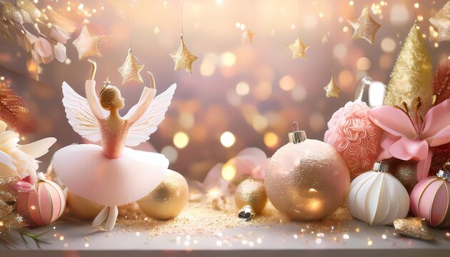 romantic background with Christmas baubles in pink and gold with elfes