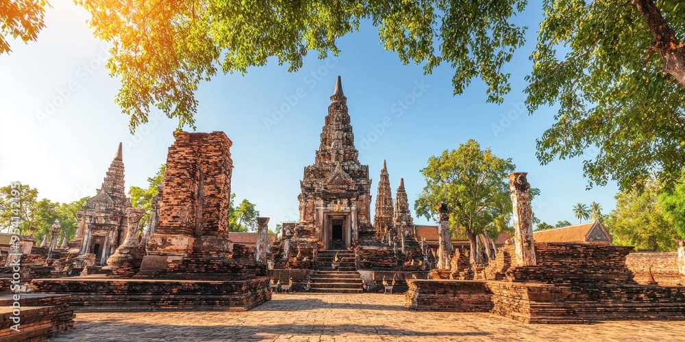 Wall mural ancient ruins of a temple in thailand with sun rays through trees