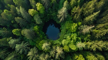 Fototapeta premium Aerial view of green and fresh forest, beautiful combination of tall trees surrounded a small lake with reflective and clean water