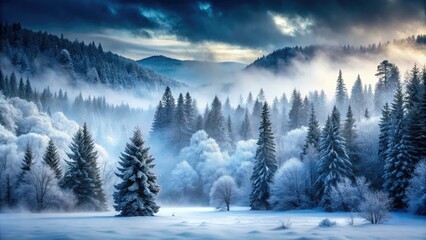 moody mystical winter wonderland frosty mountain forest snowflakes silence quiet contemplation monochrome mist atmosphere misty mist fog cold stillness peaceful New England wilderness