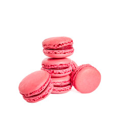 Sweet pink macaroons isolated on white background. Delicious colorful macarons. Sweets isolated on a white background. Photos of cookies for banners and websites.