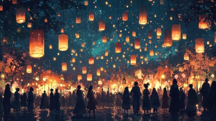 Obraz premium Night Sky Filled With Glowing Lanterns Over Silhouetted Crowd