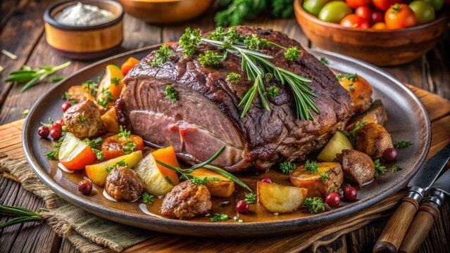Juicy slow-cooked beef shoulder roast with tender meat and crispy skin, served with roasted vegetables and garnished