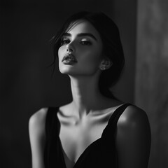 Naklejka premium Elegant Black and White Fashion Portrait of a Woman with Dramatic Lighting