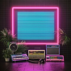 Retro Synth Music Studio with Neon Light and Palm Trees
