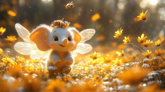 B&eacute;b&eacute; &eacute;l&eacute;phant mignon avec des ailes d'abeille dans un champ de fleurs dor&eacute;es