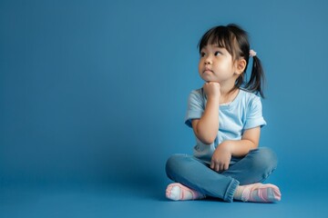 A young girl sits on the floor with her hands on her knees