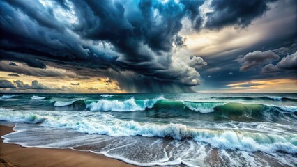 dramatic stormy seascape powerful waves crashing shoreline turbulent ocean moody atmosphere dark clouds ominous thunderstorm foreboding sky