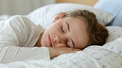 A young girl sleeps soundly on a comfortable bed, highlighting the tranquility and innocence of a peaceful night’s rest.