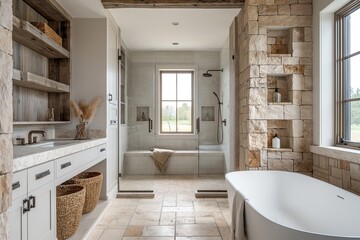 Modern bathroom in a farmhouse with elements of stone and wood. White and gray shades