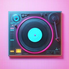 Fototapeta premium Retro Neon Turntable with Vinyl Record on Pink Grid Background