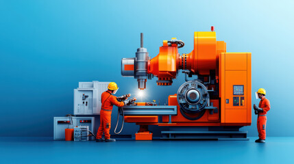 Fototapeta premium Two engineers in safety gear operating and inspecting advanced industrial machinery, emphasizing precision engineering, technology, and manufacturing processes.