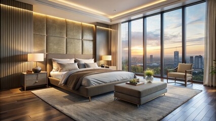 Luminous morning light pours through floor-to-ceiling windows, illuminating a serene, hyper-realistic bedroom with