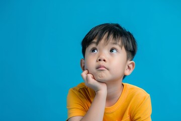 Asian child sitting and thinking over isolated blue background