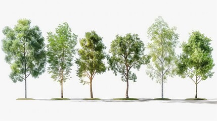 Obraz premium Six trees with green leaves stand in a row on a white background.