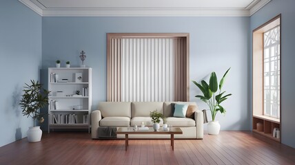 Fototapeta premium Japandi Interior Design of Modern Living Room, The Room has a beige Sofa, a White Coffee Table, and a few potted Plants