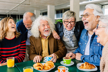 Senior group of retired people having breakfast together at cafeteria bar. Mature friends gathered on restaurant table enjoying coffee. Elderly friendship concept
