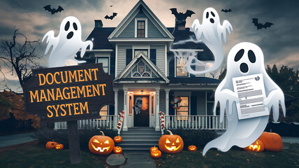 Spooky Halloween illustration depicting a haunted house with ghosts holding documents, symbolizing the challenges of outdated document management systems. 
