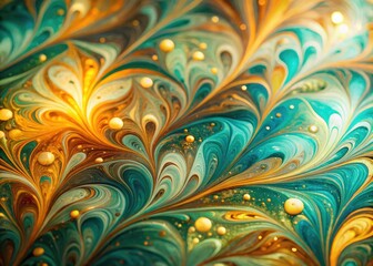 whimsical abstract blurred background Turkish marbled paper swirling fluid patterns vibrant turquoise accented warm golden light soft focus bohemian artful still life composition