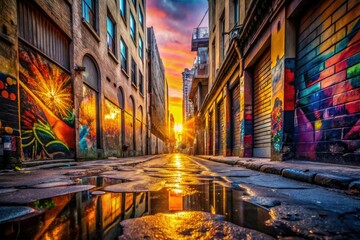 Fototapeta premium gritty urban blur on cracked concrete floor beneath a vibrant street art mural in a bustling city alleyway at dawn
