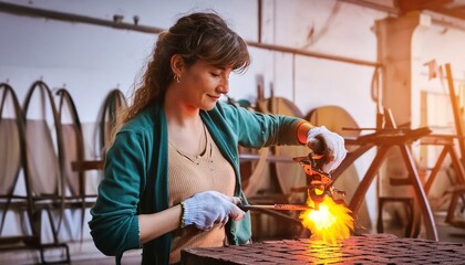 Female blowing glass artist finishing a beautiful piece. Woman experiencing blown glass. A glass blower melting glass.