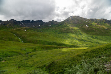 Panoramic view of mountain landscape in Hatcher Pass, Alaska wilderness