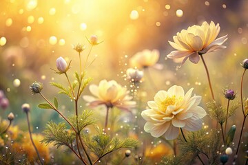 soft romantic ethereal light airy atmosphere of yellow watercolor hues blending with gentle morning dew droplets on delicate flower petals in whimsical garden