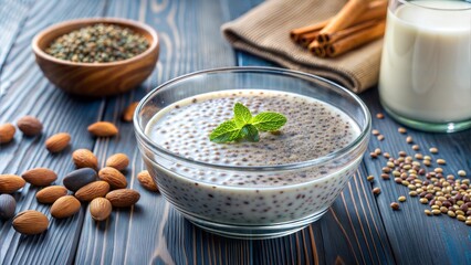 Bowl of chia seeds soaking in almond milk, brain-boosting breakfast preparation, healthy and nutrient-dense.