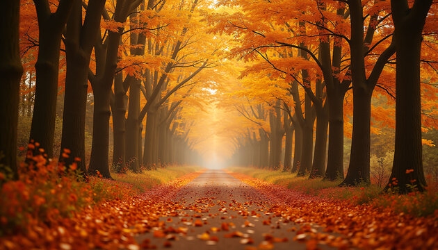 Autumn forest path filled with golden falling leaves creating a warm and cozy natural wallpaper for the fall season.