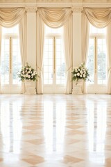 Fototapeta premium Elegant White Draped Windows in a Grand Hall with Diamond Patterned Marble Floor