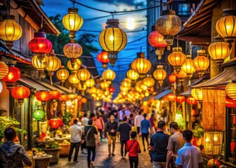Obraz premium Whimsical Nighttime Market Lanterns Vibrant Colors Warm Golden Lighting Busy Streets People Watching Dynamic Angles Cityscape Composition